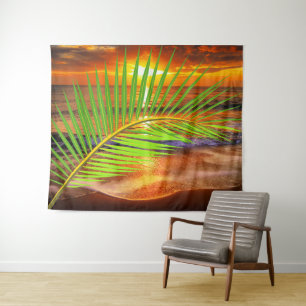 Oceaanstrand & zonsondergang met palmblad - Modern Wandkleed