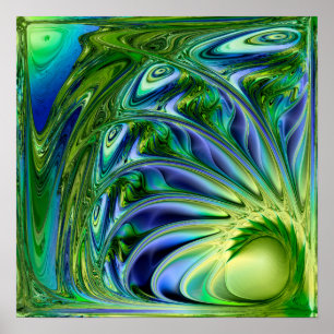Oceaanstromingen Smaragd Golf Gemarmerde Fractal Poster