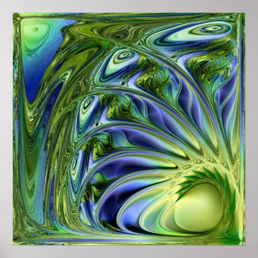 Oceaanstromingen Smaragd Golf Gemarmerde Fractal Poster (Voorkant)