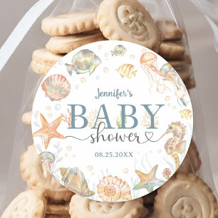 Oceaanthema baby shower geslacht neutraal onder de ronde sticker