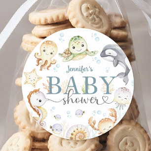 Oceaanthema baby shower geslacht neutraal ronde sticker