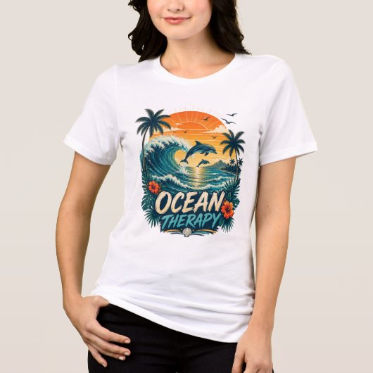 Oceaantherapie | Retro Tropisch Strand & Dolfijn Tri-Blend Shirt (Voorkant)