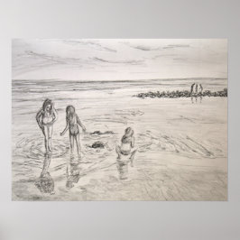 Oceaanuitvindingen Beach Day Pencil Tekening Poster
