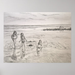 Oceaanuitvindingen Beach Day Pencil Tekening Poster
