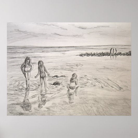 Oceaanuitvindingen Beach Day Pencil Tekening Poster (Voorkant)