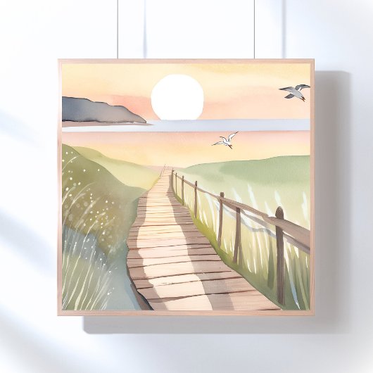 Oceaanwandeling | Gele Zonsondergang Aquarel Poster