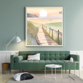 Oceaanwandeling | Gele Zonsondergang Aquarel Poster