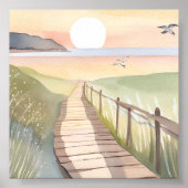Oceaanwandeling | Gele Zonsondergang Aquarel Poster (Voorkant)