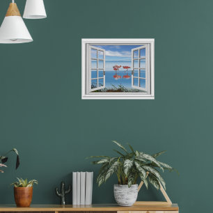 Oceaanzicht nepraam met flamingo's op het strand poster