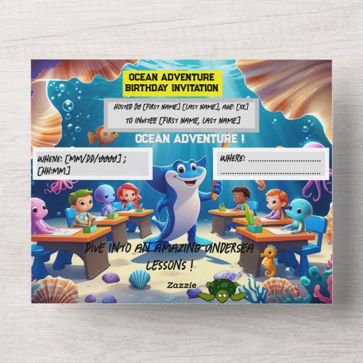 Ocean Adventure Classroom Verjaardag – Platte kaar All In One Uitnodiging (Voorkant)