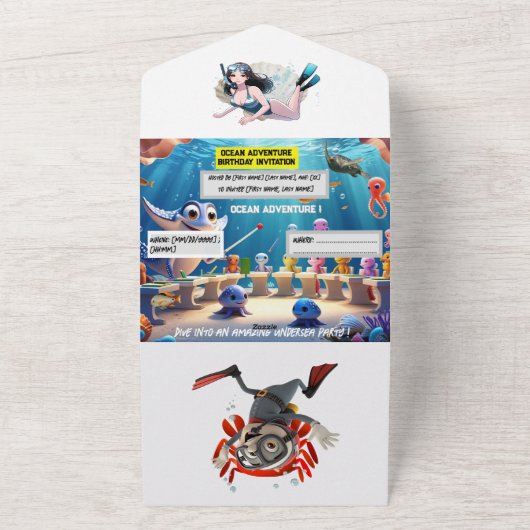 Ocean Adventure Classroom Verjaardag – Platte kaar All In One Uitnodiging (Buitenkant)