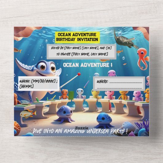 Ocean Adventure Classroom Verjaardag – Platte kaar All In One Uitnodiging (Voorkant)