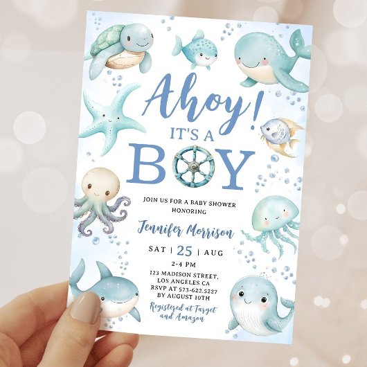 Ocean Ahoy It's A Boy Blue Sea Baby Shower Kaart
