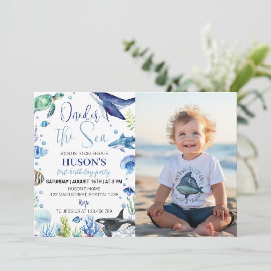 Ocean Animal Boy Eerste Verjaardag Foto uitnodigin Kaart (Staand voorkant)