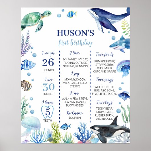Ocean Animal Boy Verjaardag Mijlpaal teken Poster (Voorkant)