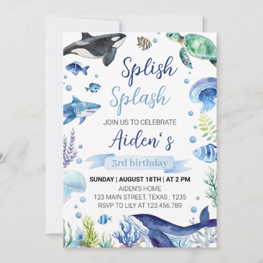 Ocean Animal Boy Verjaardagsuitnodiging onder het  Kaart (Voorkant)