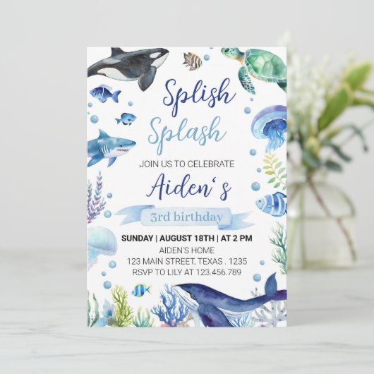 Ocean Animal Boy Verjaardagsuitnodiging onder het  Kaart (Staand voorkant)