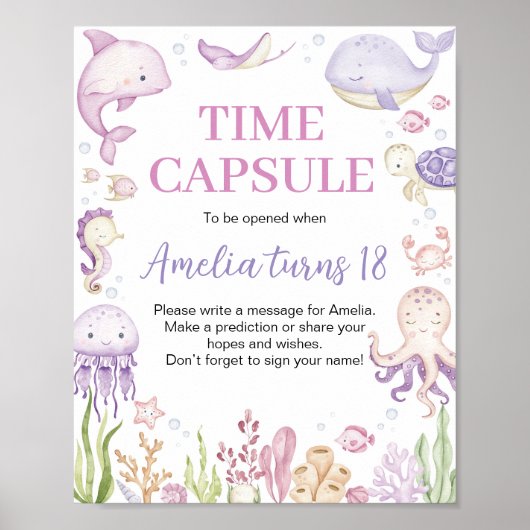 Ocean Animal Girl Verjaardag Time Capsule Sign Poster (Voorkant)