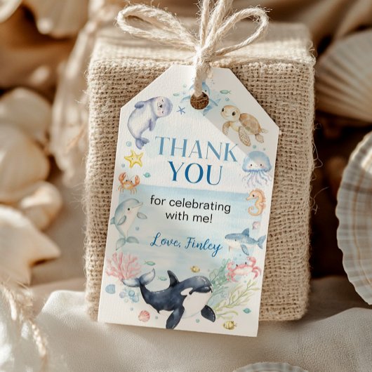 Ocean Animal Kinder onder het Zee Verjaardag Dank  Cadeaulabel