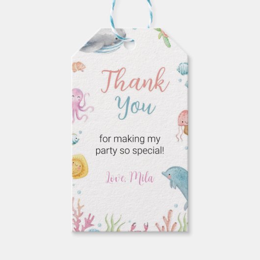 Ocean Animal Pastel Meisje Verjaardag Dank u Label Cadeaulabel (Voorkant)