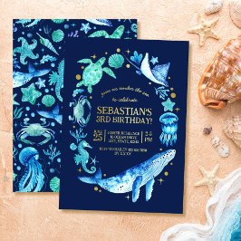 Ocean Animals Blue Waterverf 3e verjaardag Folie Uitnodiging
