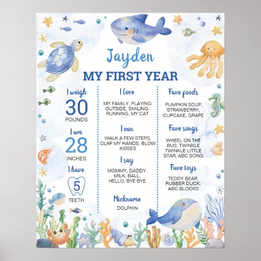 Ocean Animals Boy onder het Zee Verjaardag Mijlpaa Poster (Voorkant)