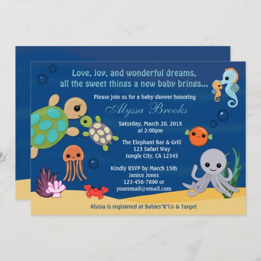 Ocean Animals Bubbles Baby Shower Invitaties Kaart (Voorkant / Achterkant)