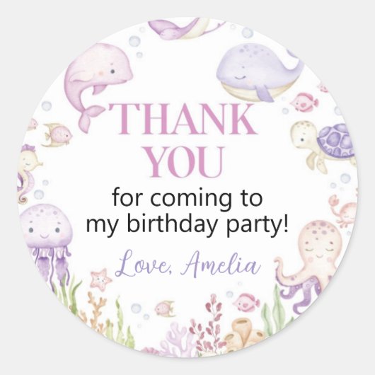 Ocean Animals Girl onder het Zee Verjaardag Ronde Sticker (Voorkant)