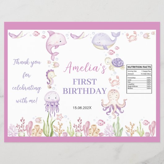 Ocean Animals Girl Verjaardag Chip Bag Wrapper Flyer (Voorkant)