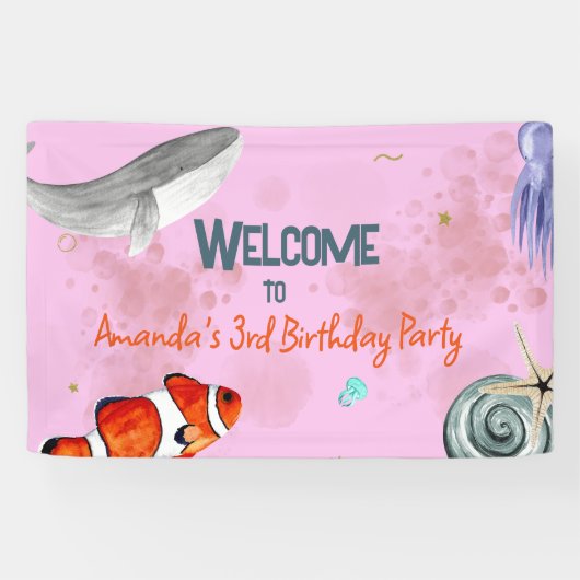 Ocean Animals Girls Roze Verjaardagsfeest Welkom Spandoek (Horizontaal)
