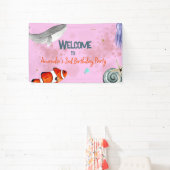 Ocean Animals Girls Roze Verjaardagsfeest Welkom Spandoek (Insitu)