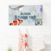 Ocean Animals Kids Verjaardagsfeestje Blauw Nautis Spandoek (Insitu)