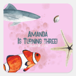 Ocean Animals Kinder Shark Party Roze Dank u Vierkante Sticker