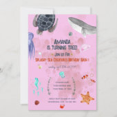 Ocean Animals Schildpad Kinder Party Roze Invitati Kaart (Voorkant)