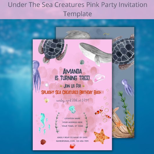 Ocean Animals Schildpad Kinder Party Roze Invitati Kaart