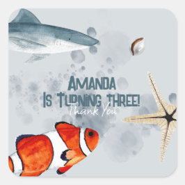 Ocean Animals Shark Kids Verjaardagsfeestje Blauw Vierkante Sticker