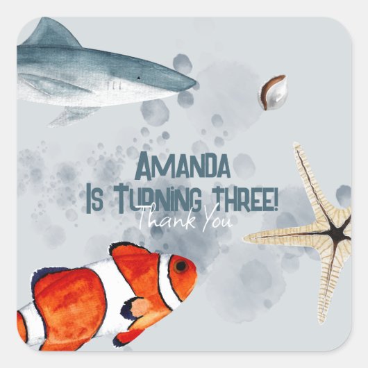 Ocean Animals Shark Kids Verjaardagsfeestje Blauw Vierkante Sticker (Voorkant)