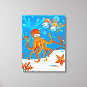 Ocean Aquatic Cute Octopus Wrapped Canvas Afdruk