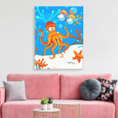 Ocean Aquatic Cute Octopus Wrapped Canvas Afdruk (Insitu (Woonkamer))