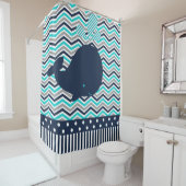 Ocean Aquatic Whale Chevron Stripes Turquoise Navy Douchegordijn (In situ)