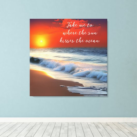 Ocean Art en Quote | Zonsondergang op het zandstra Canvas Afdruk (Insitu (Houten vloer))