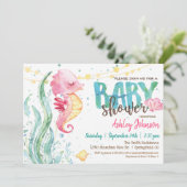 Ocean Baby shower, Meisje Roze Zeepaardje uitnodig Kaart (Staand voorkant)