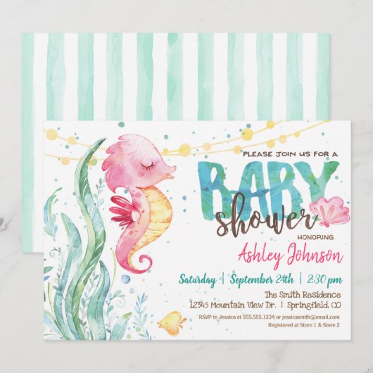 Ocean Baby shower, Meisje Roze Zeepaardje uitnodig Kaart (Voorkant / Achterkant)