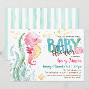 Ocean Baby shower, Meisje Roze Zeepaardje uitnodig Kaart