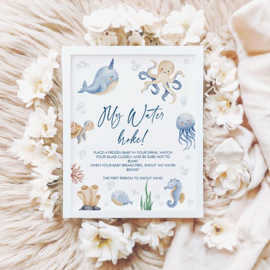 Ocean Baby shower Mijn Water Broke Game Sign Poster