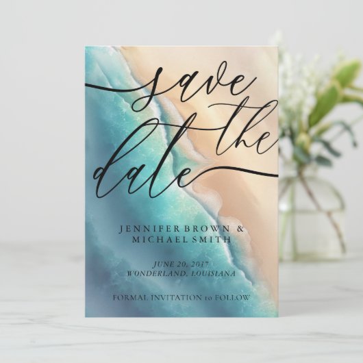 Ocean Beach Aangepaste handtekening Save The Date (Staand voorkant)