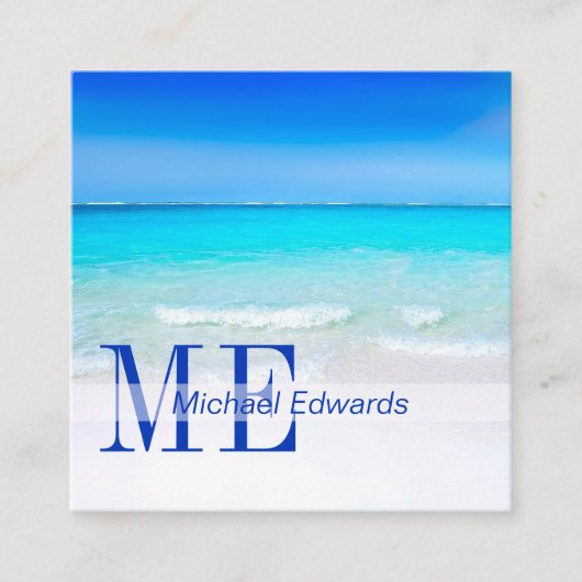 Ocean Beach Aqua Blue Zee Travel Moderne Monogram Vierkante Visitekaartje (Voorkant)