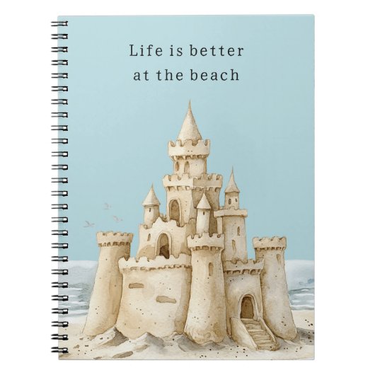 Ocean Beach Birds Blue Sky Cream Sand Castle Notitieboek (Voorkant)
