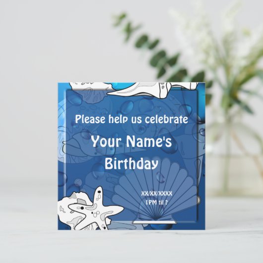 Ocean Beach Birthday Party Seashell Custom Invite Kaart (Staand voorkant)