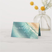 Ocean Beach Blauw Waterverf Elegante Tafel Plaatskaartje (Achterkant)